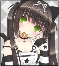 Rule 34 | 1girl, animal ears, arm warmers, bad id, bad pixiv id, bell, neck bell, black hair, black nails, brown hair, cat ears, cat tail, choker, cocona, collar, doughnut, earrings, food, green eyes, jewelry, nail polish, original, ribbon, solo, star (symbol), tail, twintails