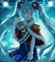 Rule 34 | 1girl, ;d, ahoge, bad id, bad pixiv id, blue eyes, blue hair, blue skirt, capelet, cowboy shot, floating hair, fur-trimmed capelet, fur trim, hair between eyes, hatsune miku, highres, holding, holding microphone stand, kuma 9180, long hair, looking at viewer, microphone stand, miniskirt, one eye closed, open mouth, pleated skirt, red capelet, skirt, smile, solo, spotlight, stage, standing, twintails, very long hair, vocaloid