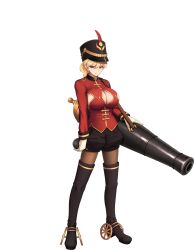 Rule 34 | 1girl, blonde hair, blue eyes, boots, breasts, cannon, cleavage, earrings, eyebrows, feet, female focus, full body, gloves, hat, highres, jewelry, large breasts, legs, long sleeves, looking at viewer, military, military uniform, over shoulder, pantyhose, persis (sennen sensou aigis), ponytail, sennen sensou aigis, serious, shorts, solo, standing, thigh boots, thighhighs, thighs, transparent background, uniform, weapon, white background, white gloves