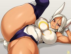 Rule 34 | 1girl, ass, boku no hero academia, breasts, cameltoe, cleft of venus, covered erect nipples, dark-skinned female, dark skin, highres, jmg, large breasts, leotard, long hair, lying, mirko, on side, partially visible vulva, rabbit ears, rabbit girl, rabbit tail, red eyes, solo, spread legs, thick thighs, thighhighs, thighs, white hair