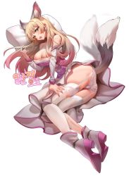 Rule 34 | 1girl, animal ear fluff, animal ears, ass, bare shoulders, blonde hair, blush, breasts, cleavage, clothes lift, commission, detached sleeves, dress, extra ears, garter straps, green eyes, head on pillow, high heels, highres, lace, lace legwear, lace panties, large breasts, lifted by tail, long hair, looking at viewer, lying, muloli, on side, open mouth, original, panties, pillow, pink dress, simple background, skirt, skirt lift, smile, solo, strapless, strapless dress, tail, tail wagging, thigh grab, thighhighs, underwear, very long hair, white background, white dress, white panties, white skirt, white thighhighs