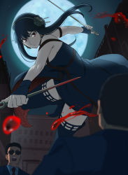 Rule 34 | 1girl, 2boys, bad id, bad pixiv id, bare shoulders, black dress, black gloves, black hair, blood, boots, breasts, dress, earrings, fingerless gloves, flower, full moon, gloves, hair flower, hair ornament, hairband, highres, holding, holding weapon, jacket, jewelry, kanau, large breasts, looking at viewer, moon, multiple boys, necktie, open mouth, red eyes, red necktie, solo focus, spy x family, sunglasses, thigh boots, thighhighs, weapon, yor briar