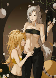 Rule 34 | 2girls, absurdres, animal ears, arknights, bandeau, bare arms, bare shoulders, black pants, blonde hair, breasts, camera, cleavage, commentary, grey eyes, grey hair, hand up, highres, holding, holding camera, indra (arknights), licking, lion ears, long hair, looking at another, medium breasts, midriff, multiple girls, navel, pale laomo, pants, parted lips, scar, scar on face, scar on nose, siege (arknights), sports bra, stomach, strapless, tail, tiger ears, tiger tail, tube top, very long hair, yuri
