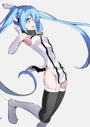Rule 34 | 1girl, black thighhighs, blue eyes, blue hair, boots, breasts, chain, collar, eyebrows hidden by hair, female focus, from side, highres, long hair, looking at viewer, manno (kanpi2100), nymph (sora no otoshimono), open mouth, simple background, sleeveless, smile, solo, sora no otoshimono, thighhighs, twintails, white background