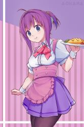 ahoge ao_no_kanata_no_four_rhythm apron arm_at_side black_pantyhose blue_eyes blunt_bangs blush bow breasts closed_mouth collared_shirt commentary copyright_name cowboy_shot eyebrows_hidden_by_hair food frilled_apron frills hair_intakes hand_up happy hashtag-only_commentary highres holding holding_tray icexfire3 ichinose_rika looking_at_viewer medium_breasts medium_hair omelet omurice pantyhose pink_apron pink_bow pleated_skirt puffy_short_sleeves puffy_sleeves purple_background purple_hair purple_skirt shirt short_ponytail short_sleeves simple_background skirt smile tareme tray waist_apron waitress white_shirt white_wrist_cuffs wrist_cuffs