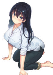 Rule 34 | 1girl, all fours, arched back, arm support, barefoot, black hair, blouse, blue eyes, breasts, capri pants, denim, hair between eyes, hair over shoulder, highres, jeans, kagematsuri, large breasts, long hair, looking at viewer, original, pants, shirt, sitting, sleeves rolled up, smile, solo, white shirt