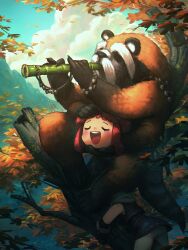 Rule 34 | 1girl, :d, absurdres, animal, autumn leaves, bamboo, branch, closed eyes, commentary, disembodied head, dullahan, english commentary, enne (porforever), extra arms, fantasy, flute, headless, highres, holding head, instrument, music, open mouth, original, playing instrument, porforever, red hair, sleeveless, smile, tail, teeth, tree, upper teeth only