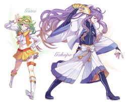 Rule 34 | 1boy, 1girl, boots, character name, eyewear on head, green eyes, green hair, gumi, hand fan, kamui gakupo, long hair, midriff, one eye closed, ponytail, purple hair, short hair, simple background, skirt, smile, thigh strap, very long hair, vocaloid, wink, yamako (state of children)