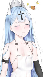 Rule 34 | 1girl, azur lane, black gloves, blue hair, breasts, champagne (azur lane), crown, drooling, elbow gloves, closed eyes, gloves, hair ornament, halterneck, kanzaki muyu, long hair, see-through, simple background, single elbow glove, sleeping, sleeping upright, small breasts, solo, upper body, white background