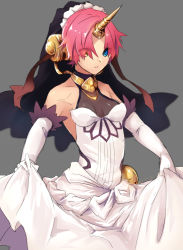 Rule 34 | 1girl, bare shoulders, blue eyes, breasts, cleavage, clothes lift, cocorosso, dress, dress lift, elbow gloves, eyes visible through hair, fate/apocrypha, fate/grand order, fate (series), frankenstein&#039;s monster (fate), gloves, hair over eyes, headgear, heterochromia, horns, pink hair, see-through, see-through cleavage, short hair, single horn, small breasts, solo, veil, white dress, white gloves, yellow eyes