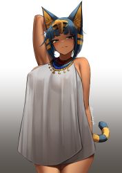 Rule 34 | 1girl, absurdres, animal crossing, animal ear fluff, animal ears, ankha (animal crossing), arm behind head, blue hair, blunt bangs, bob cut, breasts, cat ears, cat girl, cat tail, closed mouth, commentary, covered erect nipples, dark-skinned female, dark skin, dress, english commentary, female focus, gradient background, grey background, grey eyes, highres, humanization, large breasts, looking at viewer, nintendo, personification, shizuko hideyoshi, short hair, sleeveless, sleeveless dress, solo, tail, twitter username, white dress