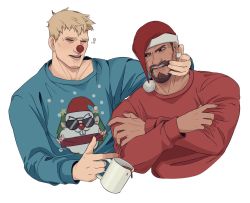 Rule 34 | 2boys, beard, blonde hair, blue sweater, christmas, christmas sweater, crossed arms, cup, dark-skinned male, dark skin, closed eyes, facial hair, facial scar, hand on another&#039;s face, hat, highres, holding, holding cup, looking at another, male focus, multiple boys, mustache, nez, open mouth, overwatch, overwatch 1, reaper (overwatch), red sweater, santa hat, scar, scar on cheek, scar on face, short hair, sideburns, simple background, smile, soldier: 76 (overwatch), sweater, very short hair