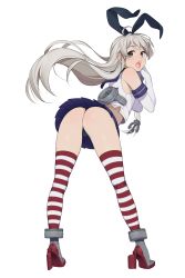 Rule 34 | 10s, 1girl, absurdres, anchor hair ornament, ass, bent over, black panties, blonde hair, blush, crop top, elbow gloves, from behind, full body, gloves, green eyes, hair ornament, hair ribbon, highres, kantai collection, long hair, looking back, open mouth, panties, patterned legwear, pleated skirt, ribbon, sailor collar, shimakaze (kancolle), shirt, simple background, skirt, sleeveless, sleeveless shirt, solo, standing, striped clothes, striped thighhighs, thighhighs, thong, two-tone stripes, underwear, very long hair, weyowang, white background, white gloves