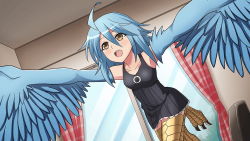 Rule 34 | 1girl, ahoge, artist request, bare shoulders, bird legs, black dress, blue hair, blue wings, blush, breasts, curtains, dress, feathered wings, feathers, game cg, hair between eyes, harpy, indoors, medium hair, monster girl, monster musume no iru nichijou, monster musume no iru nichijou online, official alternate costume, official art, open mouth, papi (monster musume), sidelocks, small breasts, solo, talons, thighhighs, window, winged arms, wings, yellow eyes, zettai ryouiki