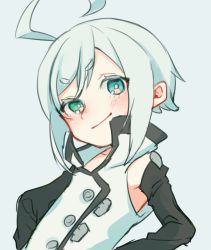Rule 34 | 1boy, ahoge, bad id, bad twitter id, blue eyes, bright pupils, closed mouth, detached sleeves, green eyes, grey background, hands on own hips, heterochromia, high collar, looking at viewer, male focus, shiratsuyu aya, silver hair, simple background, smile, solo, upper body, utatane piko, vocaloid