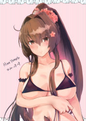 Rule 34 | 1girl, alternate costume, artist name, bare shoulders, bikini, black bikini, blush, breasts, brown eyes, cleavage, collarbone, dated, duplicate, flower, hair flower, hair ornament, highres, himeyamato, kantai collection, large breasts, light smile, long hair, looking at viewer, pink background, ponytail, solo, striped, striped background, swimsuit, upper body, vertical stripes, very long hair, yamato (kancolle)