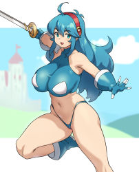 Rule 34 | 1girl, ahoge, bare shoulders, blue eyes, blue hair, boots, borrowed character, breasts, collarbone, foot out of frame, g-string, gloves, hair between eyes, hairband, highres, holding, holding sword, holding weapon, houtengeki, large breasts, long hair, looking at viewer, navel, open mouth, original, sleeveless, solo, stomach, sword, tecna (yumura kino), thong, weapon