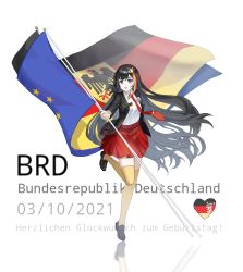 Rule 34 | 1girl, absurdres, black footwear, black hair, black jacket, blue eyes, commentary request, dated, european union flag, flag, full body, german flag, german text, germany, highres, holding, holding flag, jacket, long hair, looking at viewer, multicolored hair, necktie, open clothes, open jacket, open mouth, original, personification, phonetik, red necktie, red skirt, shirt, shoes, skirt, solo, standing, standing on one leg, thighhighs, white shirt, yellow thighhighs