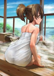 Rule 34 | 10s, 1girl, abazu-red, arm support, ass, back, bare shoulders, bath, black ribbon, blue sky, brown eyes, brown hair, closed mouth, cloud, cloudy sky, commentary request, day, from behind, girls und panzer, hair ribbon, indoors, koyama yuzu, leaning forward, looking at viewer, looking back, naked towel, ocean, ribbon, short hair, short ponytail, sitting, sky, smile, soaking feet, solo, steam, towel, window