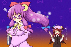 Rule 34 | 2girls, :&lt;, :d, ^ ^, alternate hairstyle, bat wings, bespectacled, blush, book, breasts, closed eyes, crescent, crescent hair ornament, demon wings, dress shirt, glasses, gradient background, hair ornament, hair ribbon, hat, hat ribbon, head wings, headwear switch, heart, koakuma, large breasts, long hair, low wings, multiple girls, musical note, open mouth, patchouli knowledge, ponytail, purple eyes, purple hair, red hair, ribbon, semi-rimless eyewear, shirt, skirt, skirt set, smile, sparkle, squiggle, tanasuke, touhou, vest, wings