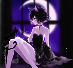 Rule 34 | 1girl, absurdres, animal ear fluff, animal ears, artist name, ass, bare legs, bare shoulders, black cat, black choker, black dress, black hair, breasts, cat, cat ears, choker, collarbone, convenient leg, crescent moon, detached sleeves, dress, eyelashes, feet out of frame, highres, indoors, knees up, looking at animal, moon, night, night sky, original, profile, red eyes, sheya, short dress, signature, sky, small breasts, solo, strapless, strapless dress, thighs, window
