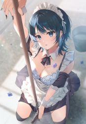 Rule 34 | 1girl, absurdres, apron, arm up, bare shoulders, black hair, black nails, blue eyes, bra, breasts, bucket, cleavage, collarbone, dress, fingernails, flower, frills, head tilt, highres, looking at viewer, maid, maid headdress, medium breasts, medium hair, mole, mole under eye, mop, nail polish, omelet tomato, original, parted lips, puffy short sleeves, puffy sleeves, scan, short sleeves, simple background, solo, thighhighs, underwear, water, water drop, wrist cuffs