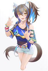 Rule 34 | 1girl, \m/, absurdres, animal ears, bead bracelet, beads, belt, blue hair, blue nails, blue shirt, bracelet, breasts, brown hair, clothing cutout, colored inner hair, cropped legs, cutoffs, daitaku helios (umamusume), double \m/, ear covers, fang, grey background, hair between eyes, hair ornament, hairclip, hands up, highres, horse ears, horse girl, horse tail, jewelry, kanpiro, long hair, looking at viewer, multicolored hair, necklace, off shoulder, open mouth, ponytail, shirt, short shorts, shorts, simple background, skin fang, small breasts, smile, solo, streaked hair, tail, tied shirt, two-tone hair, umamusume, white shorts, wristband, yellow eyes