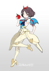 Rule 34 | 1girl, animification, armor, brown hair, character name, commentary, flat chest, food, fruit, grey background, hair ribbon, high heels, holding, holding food, holding fruit, mecha musume, mechanization, pagye, pauldrons, red eyes, red ribbon, redesign, ribbon, shoulder armor, snow white (disney), snow white and the seven dwarfs, solo, standing, standing on one leg, symbol-only commentary