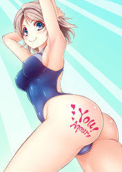 Rule 34 | 10s, 1girl, armpits, arms behind head, arms up, ass, blue eyes, blue one-piece swimsuit, body writing, breasts, brown hair, cameltoe, character name, competition swimsuit, covered erect nipples, from behind, group name, highres, looking at viewer, love live!, love live! sunshine!!, one-piece swimsuit, shimashima salmon, short hair, smile, solo, swimsuit, watanabe you