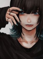 Rule 34 | 1girl, black hair, black shirt, blue eyes, blue nails, colored inner hair, fang, fingernails, hand up, highres, hoshi san 3, jewelry, lipstick, long sleeves, looking at viewer, makeup, mole, mole under eye, mole under mouth, multicolored hair, multiple rings, nail polish, original, portrait, red lips, ring, shirt, sleeves past wrists, smile, solo, two-tone hair