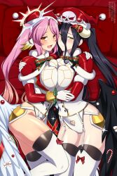 Rule 34 | 2girls, albedo (overlord), black hair, breast press, breasts, candy, candy cane, christmas, clothing cutout, commentary, commission, company connection, crossover, crotch cutout, english commentary, food, garter straps, gloves, hair between eyes, hat, heart cutout, highres, hug, jibril (no game no life), large breasts, lindaroze, madhouse, mistletoe, multiple girls, no game no life, orange eyes, overlord (maruyama), paid reward available, panties, parted bangs, pillow, pink hair, red pillow, santa hat, symmetrical docking, thighhighs, thighs, twintails, twitter username, underwear, watermark, web address, white gloves, white panties, white thighhighs, yellow eyes, yuri