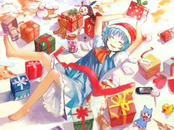 Rule 34 | 10s, 1girl, barefoot, bear, blue hair, bow, breasts, candy, character doll, charlotte (madoka magica), christmas, cirno, closed eyes, dynamite, explosive, feet, food, gift, green hair, hair bow, handheld game console, happy, hat, lollipop, lying, mahou shoujo madoka magica, mahou shoujo madoka magica (anime), mittens, perfect cherry blossom, playstation portable, santa hat, short hair, small breasts, smile, snow, snowman, solo, stuffed toy, touhou, wings, zrero