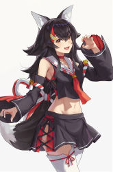 Rule 34 | 1girl, :d, absurdres, animal ear fluff, animal ears, bell, black hair, black skirt, breasts, choker, claw pose, cowboy shot, crop top, detached sleeves, fang, flower knot, hair ornament, hand up, highres, hololive, japanese clothes, long hair, looking at viewer, medium breasts, midriff, miniskirt, multicolored hair, navel, neckerchief, ookami mio, ookami mio (1st costume), open mouth, orange eyes, red choker, red hair, sailor collar, shakabrah, side-tie skirt, simple background, skirt, smile, solo, stomach, streaked hair, tail, thighhighs, virtual youtuber, white background, white thighhighs, wolf ears, wolf girl, wolf tail