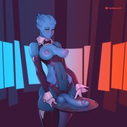 Rule 34 | 1girl, alien, artist name, asari (mass effect), bare shoulders, blue skin, bow, bowtie, breasts, breasts out, brown eyes, collar, colored nipples, colored skin, detached collar, detached sleeves, futanari, gloves, highres, large breasts, large penis, mass effect (series), navel, nipples, one eye closed, penis, penis rest, purple bow, purple bowtie, purple nipples, purple sleeves, solo, tailbox, testicles, white collar, white gloves, white wrist cuffs, wrist cuffs
