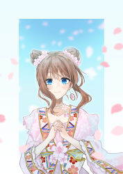 Rule 34 | 1girl, absurdres, alternate hairstyle, aqua eyes, artist name, artist request, blue eyes, blush, bow, breasts, brown hair, cherry blossom fairy (love live!), collarbone, double bun, dress, female focus, fingers together, floating hair, floral print, flower, flower print, green bow, hair between eyes, hair bun, hair flower, hair ornament, highres, japanese clothes, jewelry, kimono, kimono skirt, long hair, long sleeves, looking at viewer, love live!, love live! nijigasaki high school idol club, love live! school idol festival, love live! school idol festival all stars, miniskirt, nail, nail polish, necklace, osaka shizuku, own hands together, parted lips, pearl necklace, petals, pink bow, pink flower, pink nails, pink nails, pink petals, plaid, plaid dress, plaid skirt, pleated, pleated dress, pleated skirt, skirt, small breasts, smile, solo, wavy hair, white dress, white kimono, white skirt, wide sleeves
