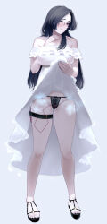 Rule 34 | 1girl, bare shoulders, black footwear, black hair, black panties, blue background, blush, bow, bow panties, breasts, clothes lift, collarbone, controller, dress, dress lift, egg vibrator, female focus, flashing, forehead, frilled dress, frills, full body, glasses, groin, hands up, happy, highres, large breasts, legs, lifted by self, long hair, mature female, nose blush, o-ring, o-ring footwear, off-shoulder dress, off shoulder, original, owa ri ningen, panties, parted bangs, parted lips, pussy juice, remote control, remote control vibrator, round eyewear, sandals, sex toy, short sleeves, sidelocks, simple background, skindentation, smile, solo, standing, steam, steaming body, string panties, thigh strap, thighs, underwear, vibrator, vibrator under clothes, vibrator under panties, white dress