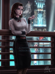 Rule 34 | 1girl, aqua eyes, backlighting, belt, bioshock, bioshock (series), bioshock infinite, blouse, blurry, blurry background, breasts, brown hair, building, cigarette, city, city lights, cityscape, collared shirt, commentary, commission, dated, deviantart username, elizabeth (bioshock infinite), english commentary, fishnet pantyhose, fishnets, highres, holding, holding cigarette, indoors, italian commentary, lips, long sleeves, makeup, medium breasts, mixed-language commentary, paid reward available, pantyhose, patreon username, railing, realistic, red lips, sciamano240, shirt, signature, skirt, skyscraper, smoke, smoking, solo, water, watermark, web address, white shirt, window