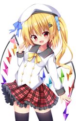 Rule 34 | 1girl, alternate costume, alternate headwear, arched back, arm at side, arm up, beret, black sailor collar, black thighhighs, blonde hair, blue scrunchie, blush, bow, bowtie, breasts, commentary, contrapposto, cowboy shot, fang, flandre scarlet, frilled skirt, frills, hair between eyes, hair ornament, hair scrunchie, hat, hat ribbon, head tilt, heart, highres, long sleeves, looking at viewer, one side up, petticoat, plaid, plaid skirt, red eyes, ribbon, sabana, sailor collar, school uniform, scrunchie, shirt, short hair, simple background, skirt, sleeve cuffs, small breasts, solo, standing, thighhighs, touhou, white background, white hat, white shirt, wings, yellow bow, yellow bowtie, zettai ryouiki