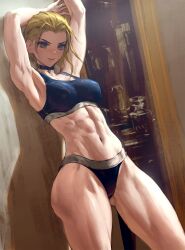 Rule 34 | 1girl, abs, armpits, arms up, blonde hair, breasts, cammy white, capcom, covered erect nipples, highres, infi, medium breasts, muscular, muscular female, navel, short hair, shorts, solo, sports bra, standing, street fighter, street fighter 6, underwear, underwear only