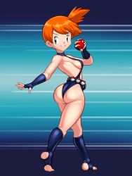 Rule 34 | 1girl, absurdres, ass, asymmetrical hair, belt, blush, breasts, closed mouth, cowboy shot, creatures (company), curvy, fingerless gloves, game freak, gloves, green eyes, gym leader, hair bun, hair ornament, highres, holding, holding poke ball, looking back, misty (pokemon), nintendo, no bra, orange hair, poke ball, pokemon, pokemon: the electric tale of pikachu, ponytail, shiny clothes, short hair, side ponytail, sideboob, simple background, sleepiitreat, slingshot swimsuit, small breasts, smile, solo, swimsuit, thighs, toeless legwear, turtleneck, twisted torso