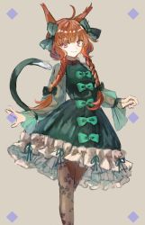 Rule 34 | 1girl, adapted costume, ahoge, animal ears, blunt bangs, bow, braid, brown pantyhose, cat ears, cat tail, closed mouth, dress bow, green bow, grey background, hair bow, highres, kaenbyou rin, long sleeves, multiple tails, nanataru10, nekomata, pantyhose, pink eyes, puffy long sleeves, puffy sleeves, red hair, see-through, see-through sleeves, simple background, smile, solo, tail, touhou, twin braids, twintails, two tails
