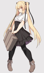 Rule 34 | 1girl, ankle boots, black pantyhose, black ribbon, black skirt, blonde hair, boots, bow, commentary request, copyright request, grey background, hair ribbon, high heel boots, high heels, holding, holding suitcase, long hair, meme attire, pantyhose, red eyes, ribbon, shirt, shiseki hirame, short sleeves, simple background, skirt, smile, solo, split mouth, suitcase, twintails, virgin killer outfit, white bow, white shirt