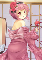 Rule 34 | 1girl, :o, ahoge, alternate costume, alternate hairstyle, ass, back, bad id, bad pixiv id, bare shoulders, blush, bow, breasts, embarrassed, eyeball, female focus, flat chest, floral print, flower, frills, from behind, gradient hair, hair flower, hair ornament, hairband, highres, indoors, japanese clothes, kimono, komeiji satori, long sleeves, looking at viewer, looking back, mirror, multicolored hair, obi, off shoulder, open mouth, pink eyes, pink hair, rasahan, reflection, rose, sash, short hair, sideboob, sidelocks, small breasts, solo, standing, third eye, touhou, wide sleeves
