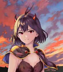 Rule 34 | 1girl, antenna hair, black capelet, black clover, black dress, black hair, capelet, closed mouth, cloud, demon girl, demon horns, dress, evening, f3968837, highres, horns, looking at viewer, red eyes, red horns, secre swallowtail, sky, smile, solo