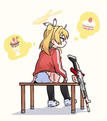 Rule 34 | 1girl, absurdres, ahoge, ass, bench, blonde hair, blue archive, brown eyes, cake, cake slice, clothes lift, expressionless, fn scar 17, food, full body, halo, highres, hoduochil, imagining, jacket, looking to the side, miniskirt, panties, parfait, pink skirt, red jacket, shoes, sitting, skirt, skirt caught on object, skirt lift, sneakers, solo, track jacket, twintails, underwear, white panties, yoshimi (blue archive)