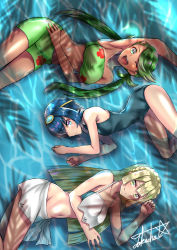 Rule 34 | 3girls, arm up, armpits, bare shoulders, bikini, blonde hair, blue eyes, blue hair, braid, closed mouth, creatures (company), dark skin, dark-skinned female, game freak, gen 1 pokemon, goggles, goggles on head, green eyes, green hair, hair ornament, hand on own hip, highres, lana (pokemon), lillie (pokemon), long hair, low twintails, mallow (pokemon), midriff, multiple girls, navel, nintendo, pokemon, pokemon (anime), pokemon (creature), pokemon sm (anime), shorts, signature, staryu, swimsuit, takecha, trial captain, twintails, water