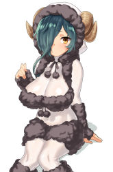 Rule 34 | 1girl, :/, animal costume, animal hood, aqua hair, blue hair, blush, bodysuit, breasts, clenched hand, embarrassed, fingerless gloves, fur trim, gloves, hair over one eye, highres, hood, horns, knees together feet apart, large breasts, looking at viewer, pom pom (clothes), raised eyebrows, ribbon, sengoku collection, shadow, sheep costume, sheep horns, short eyebrows, short hair with long locks, simple background, sitting, skin tight, solo, sugitani zenjubou (sengoku collection), tenchisouha, turtleneck, white background, yellow eyes