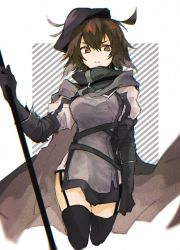 Rule 34 | 1girl, ahoge, arknights, beret, black cape, black gloves, black hat, black legwear, black scarf, brown eyes, brown hair, cape, cropped legs, elbow gloves, garter straps, gloves, hair between eyes, hat, holding, holding polearm, holding spear, holding weapon, looking at viewer, multicolored hair, one-hour drawing challenge, plume (arknights), polearm, scarf, short hair, simple background, siomaru810, solo, spear, thighs, weapon, white background