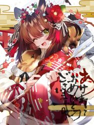 Rule 34 | 1girl, absurdres, animal, animal ears, animal on shoulder, arrow (projectile), boar, bow, brown hair, fang, flower, frilled sleeves, frills, green eyes, hair between eyes, hair bow, hair flower, hair ornament, hair ribbon, highres, holding, holding animal, japanese clothes, kimono, long sleeves, looking at viewer, new year, open mouth, original, pomu (pomu me), red flower, red kimono, ribbon, smile, solo focus, tail, upper body, white flower, wide sleeves
