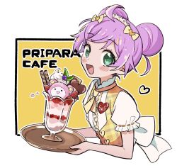 Rule 34 | 1girl, :d, blush, bow, cameo, center frills, character food, chocolate, copyright name, cropped torso, double bun, food, frilled shirt collar, frills, fruit, green eyes, hair bow, hair bun, hairband, heart, highres, holding, holding tray, kuma (pripara), looking at viewer, manaka laala, name tag, necktie, open mouth, parfait, pretty series, pripara, puffy short sleeves, puffy sleeves, purple hair, seihakumai, shirt, short sleeves, smile, solo, strawberry, tray, waitress, white hairband, white shirt, yellow bow, yellow necktie